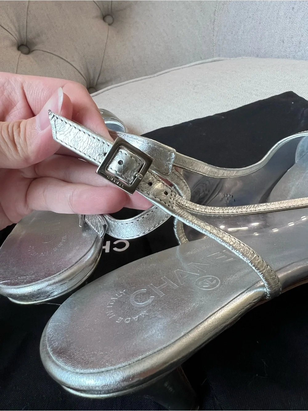 Chanel Silver Cap-Toe Slingback Ballet cat heel